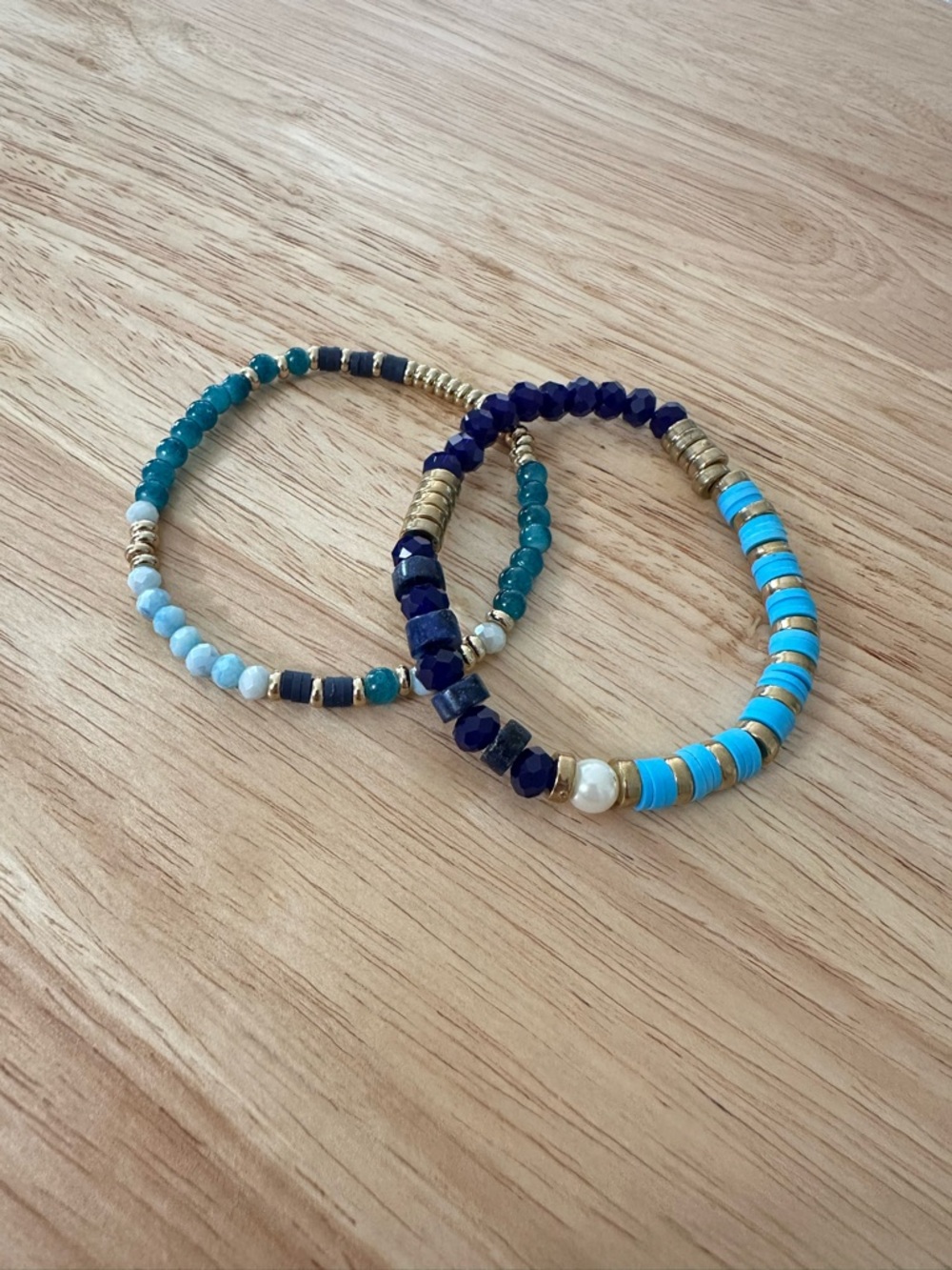 Beaded Stackable Bracelets Set Blue Gold White Glass Brass Bohemian Jewellery